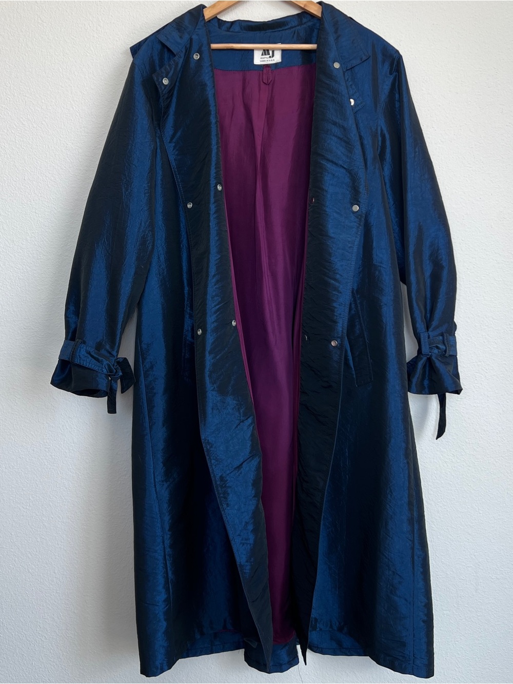 Vintage 80s MJ Seattle Iridescent Metallic Blue Trench Coat Duster USA Made Sz L